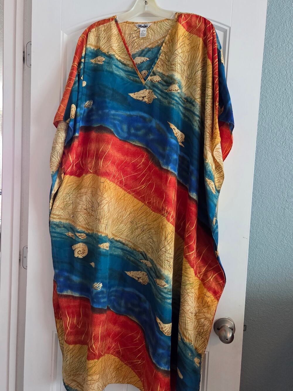 Winlar Goddess Abstract Art Colorful Satin Kaftan Maxi Dress Lounger One Size